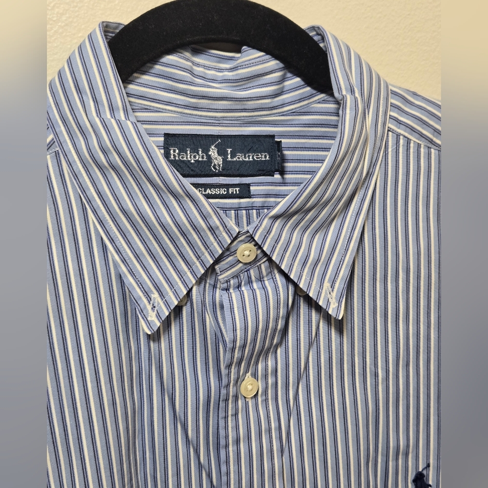 Ralph Lauren Blue and White Striped Dress Shirt Classic Fit Size XL 100% Cotton - Picture 11 of 13